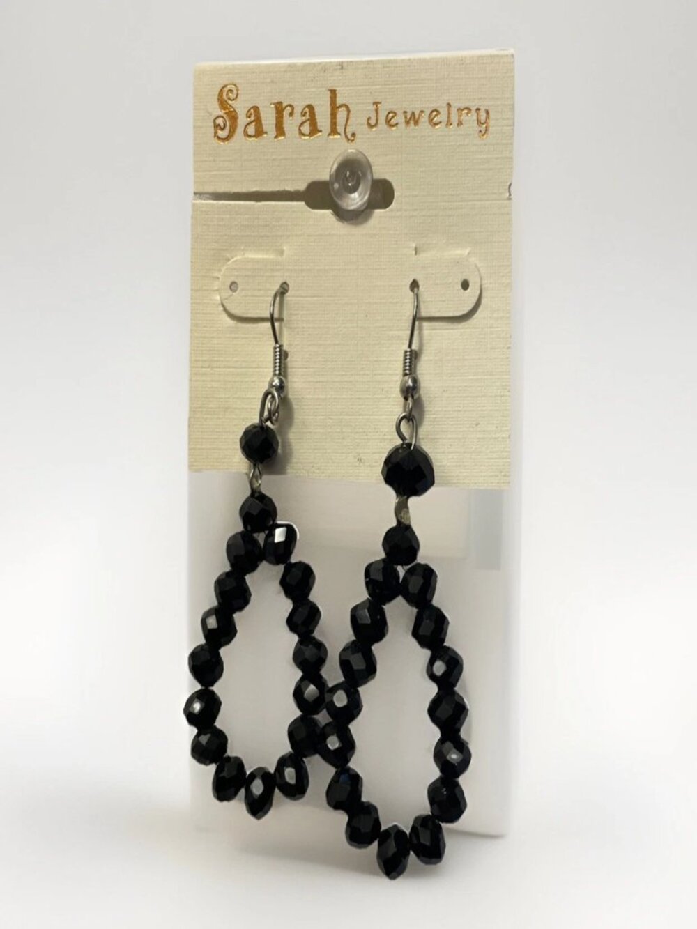 Black Beaded Teardrop Dangle Earrings 2.5" Long Lightweight Bead Hooks Sarah